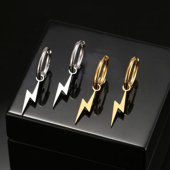 Silver Hoop Lightening Bolt Earring‎ - Picture 7 of 8